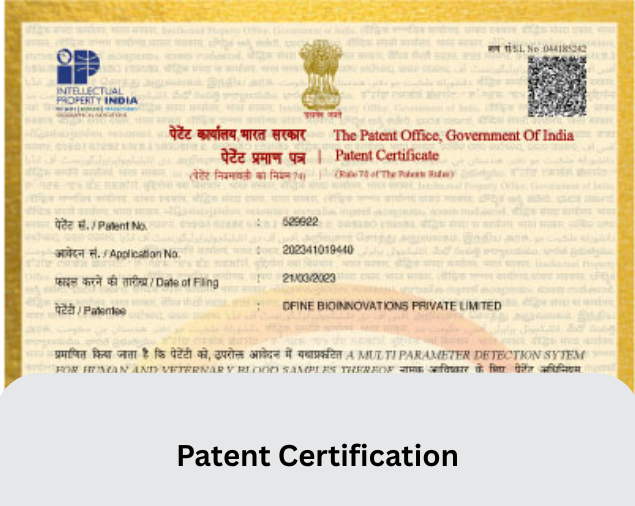 Dfine Bioinnovations patent certificate for multi-parameter detection system