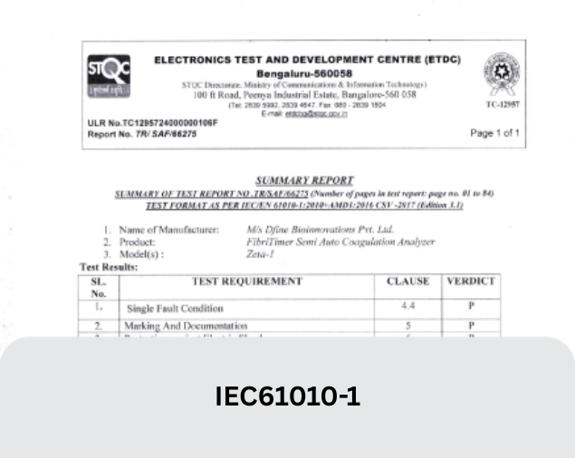 IEC 61010-1 safety test report for FibriTimer Zeta-1 semi-automated coagulation analyzer
