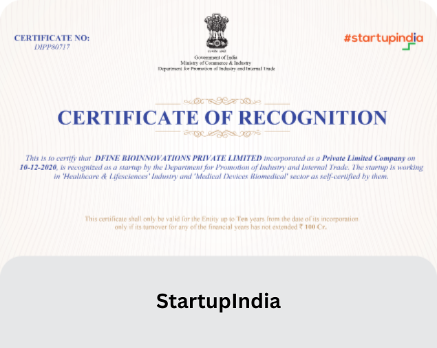 Dfine Bioinnovations Startup India recognition certificate